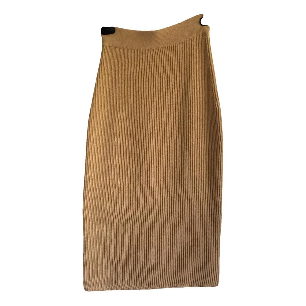 YSL Camel Wool Vintage Tan Mila Ribbed Pencil Midi Skirt 80s Yves St Laurent